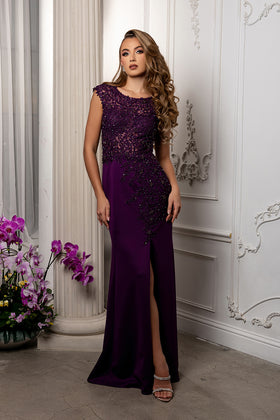 Scoop Neck Cap Sleeve Floral Lace Appliqué Bodice Sheath Gown with Front Slit by Royal Queen RQ8256