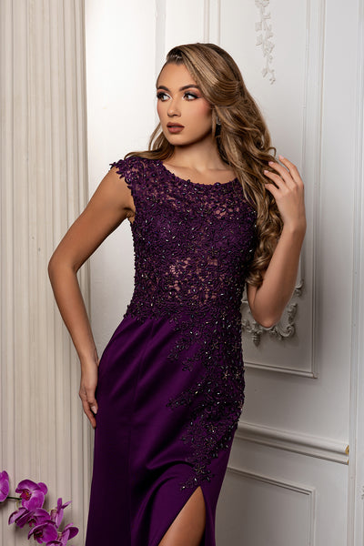 Scoop Neck Cap Sleeve Floral Lace Appliqué Bodice Sheath Gown with Front Slit by Royal Queen RQ8256