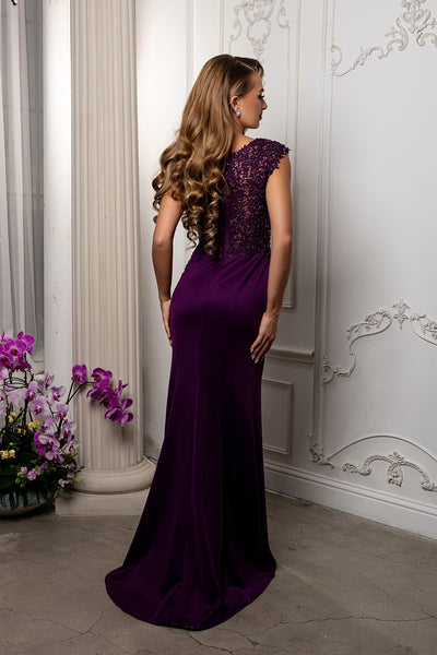 Scoop Neck Cap Sleeve Floral Lace Appliqué Bodice Sheath Gown with Front Slit by Royal Queen RQ8256