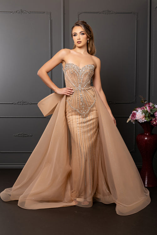 Strapless Sweetheart Beaded Sheath Gown with Detachable Tulle Overskirt by Royal Queen RQ8257