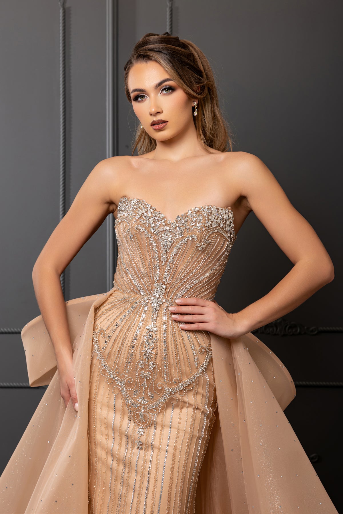 Strapless Sweetheart Beaded Sheath Gown with Detachable Tulle Overskirt by Royal Queen RQ8257