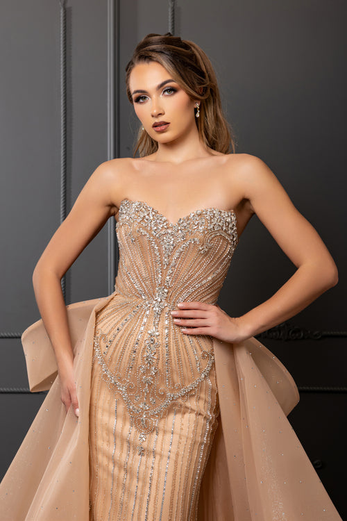 Strapless Sweetheart Beaded Sheath Gown with Detachable Tulle Overskirt by Royal Queen RQ8257