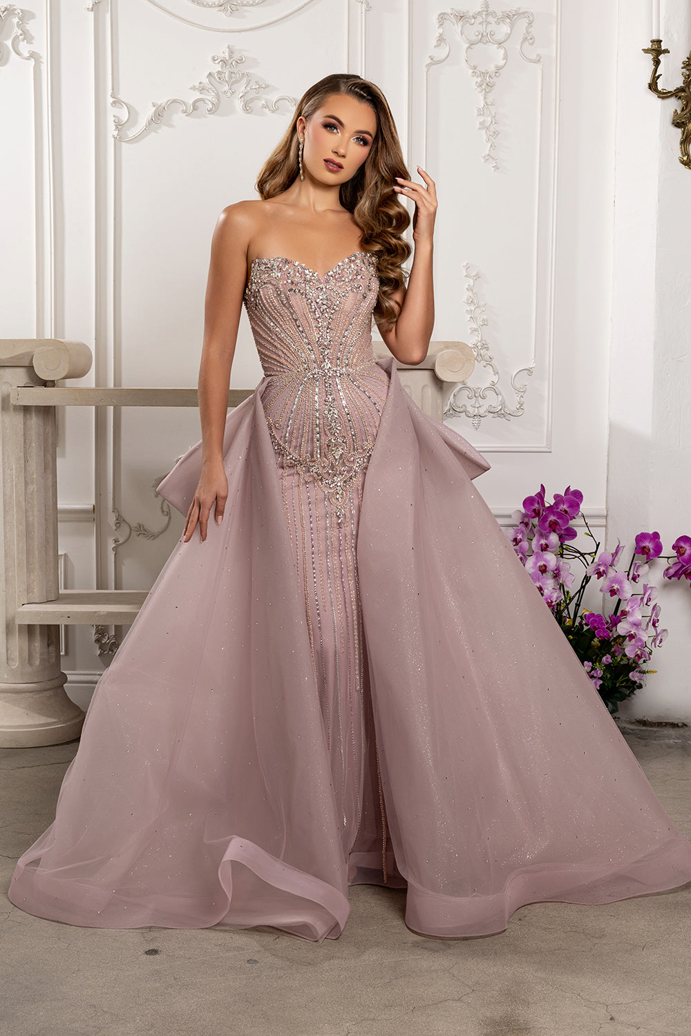 Strapless Sweetheart Beaded Sheath Gown with Detachable Tulle Overskirt by Royal Queen RQ8257