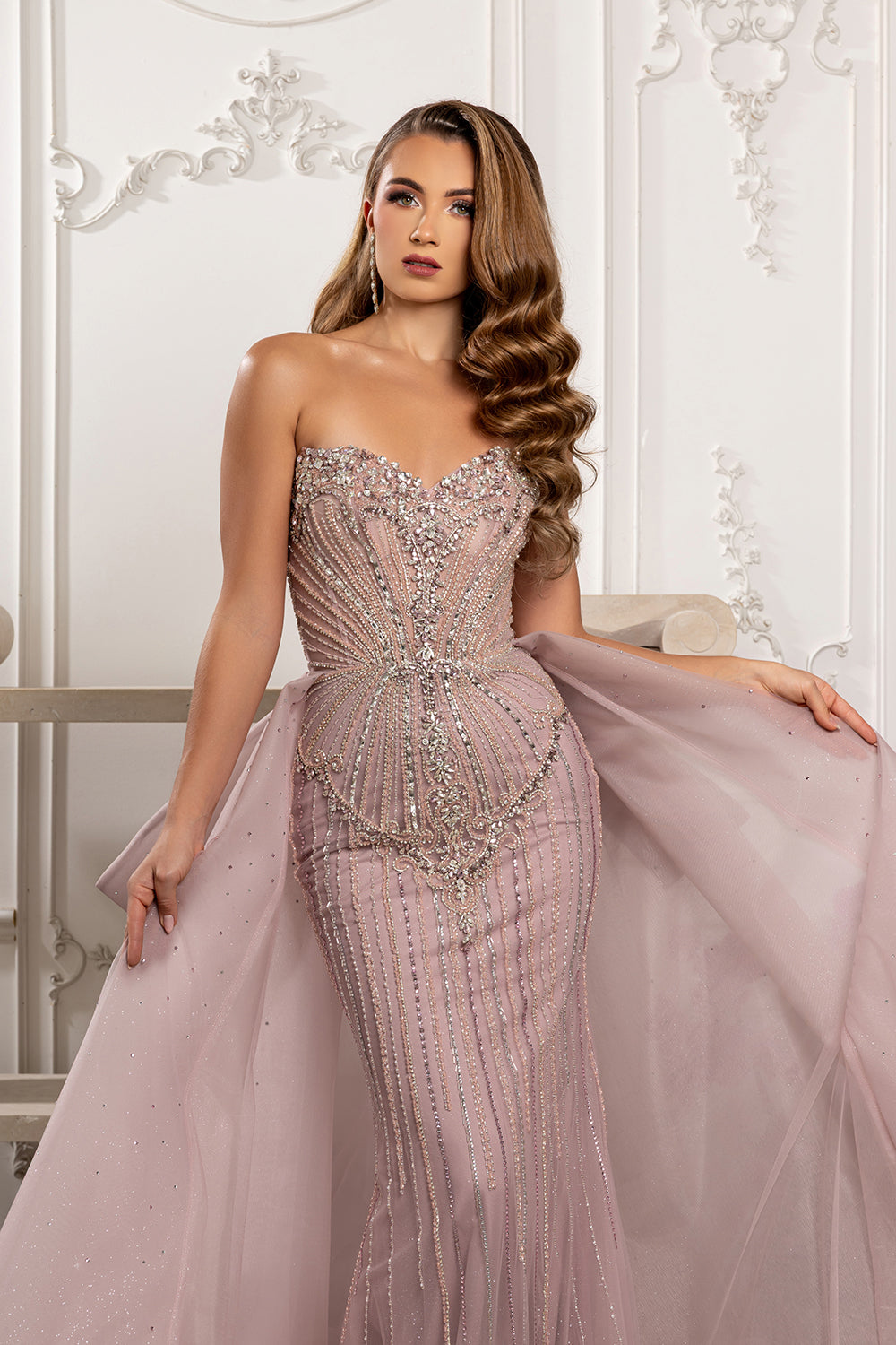 Strapless Sweetheart Beaded Sheath Gown with Detachable Tulle Overskirt by Royal Queen RQ8257