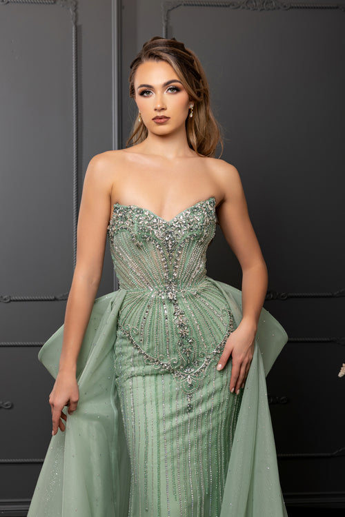 Strapless Sweetheart Beaded Sheath Gown with Detachable Tulle Overskirt by Royal Queen RQ8257