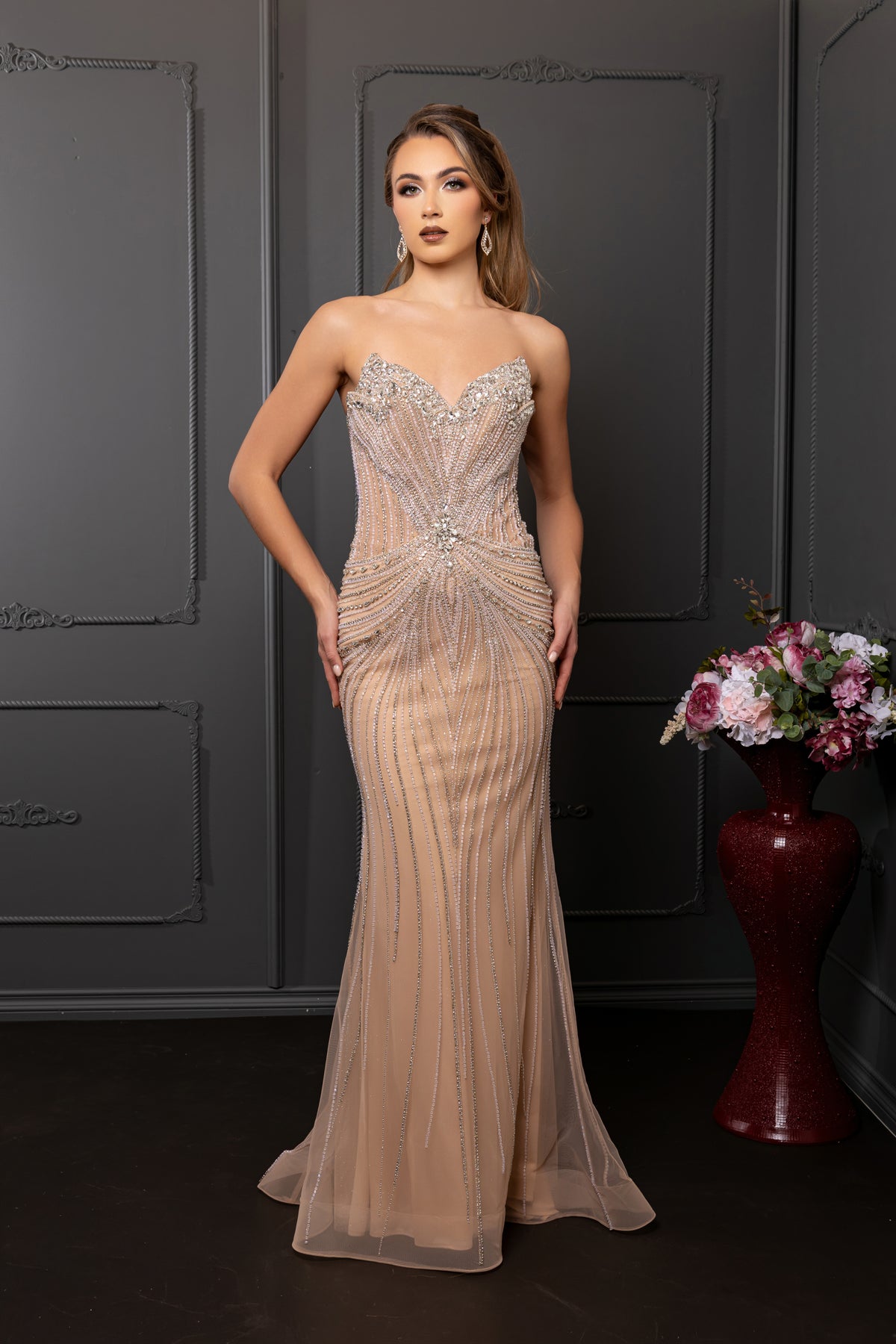 Beaded Sequin Strapless Sweetheart Corset Prom Dress with Sheer Train by Royal Queen RQ8258