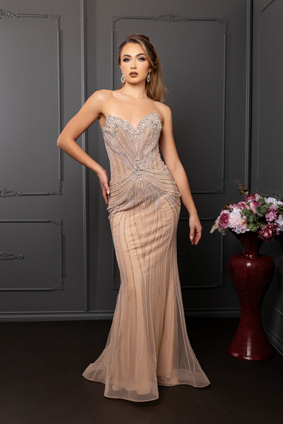 Beaded Sequin Strapless Sweetheart Corset Prom Dress with Sheer Train by Royal Queen RQ8258
