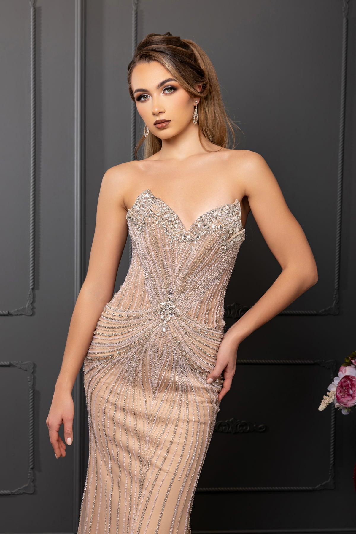 Beaded Sequin Strapless Sweetheart Corset Prom Dress with Sheer Train by Royal Queen RQ8258