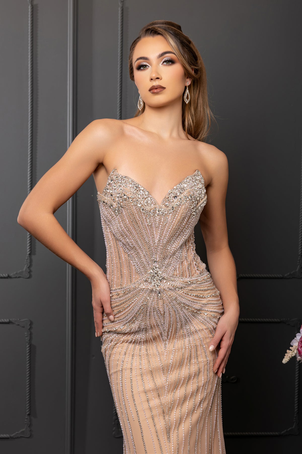 Beaded Sequin Strapless Sweetheart Corset Prom Dress with Sheer Train by Royal Queen RQ8258