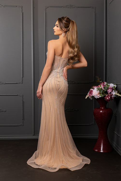 Beaded Sequin Strapless Sweetheart Corset Prom Dress with Sheer Train by Royal Queen RQ8258