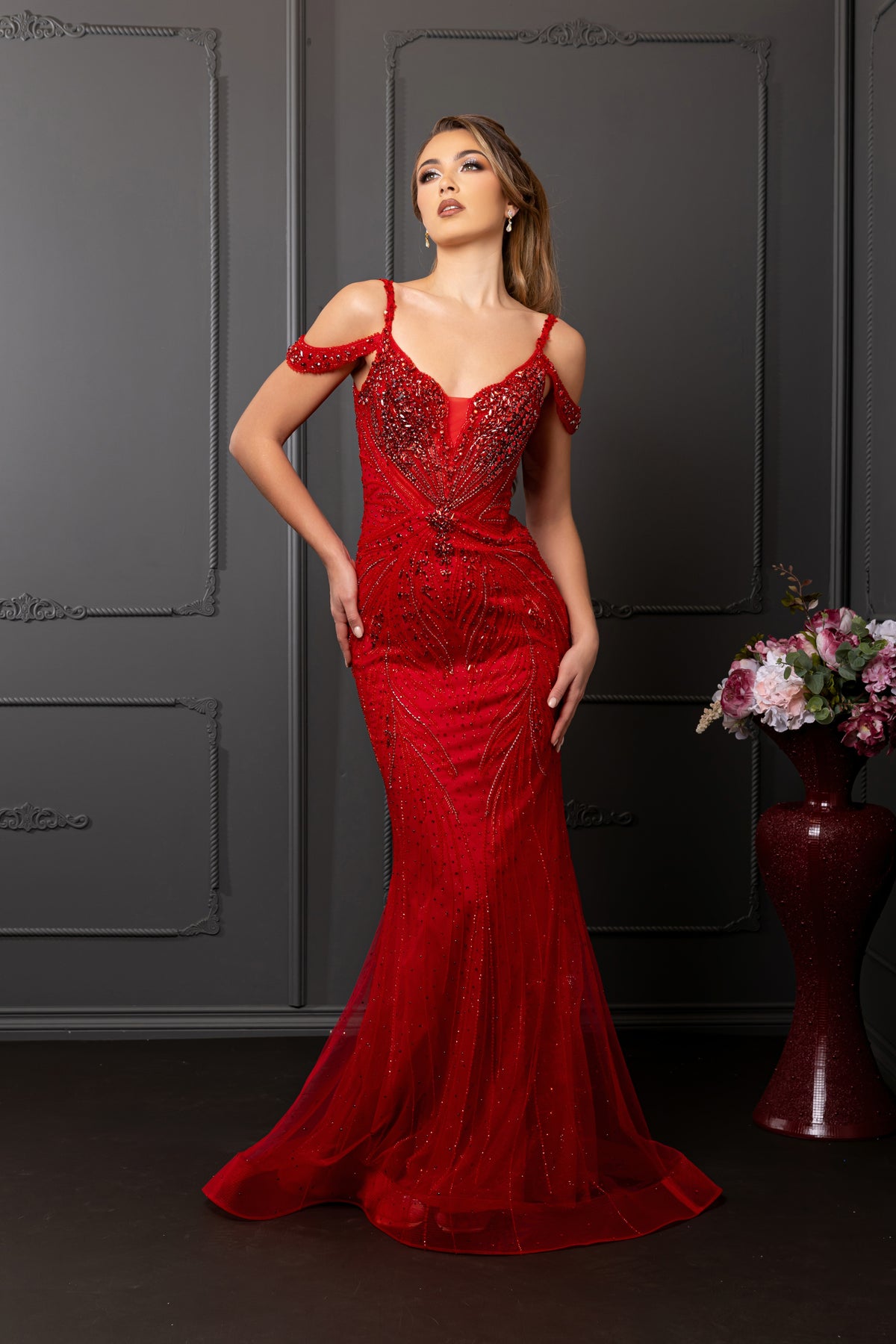 Off-Shoulder Beaded Mermaid Evening Gown with V-Neckline & Sweep Train by Royal Queen RQ8259