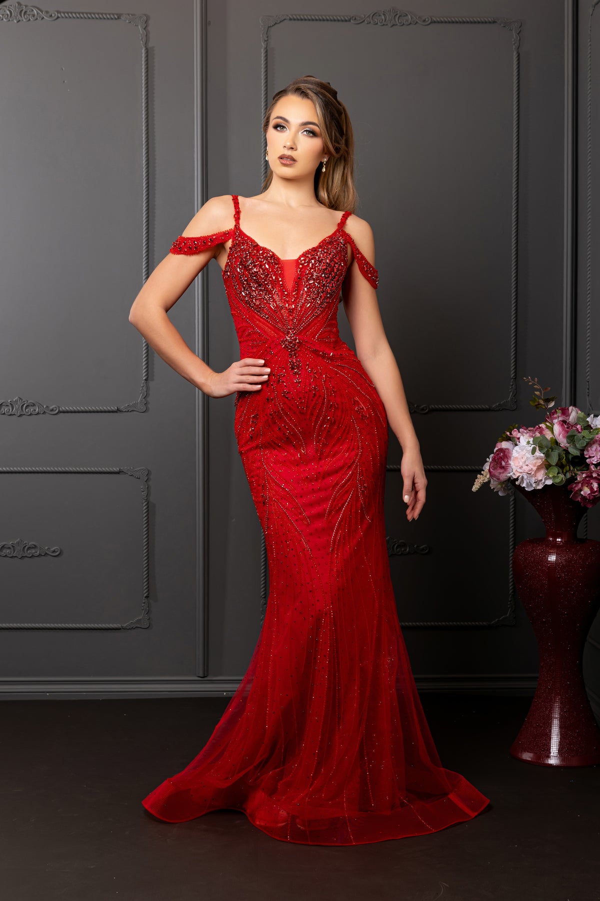 Off-Shoulder Beaded Mermaid Evening Gown with V-Neckline & Sweep Train by Royal Queen RQ8259
