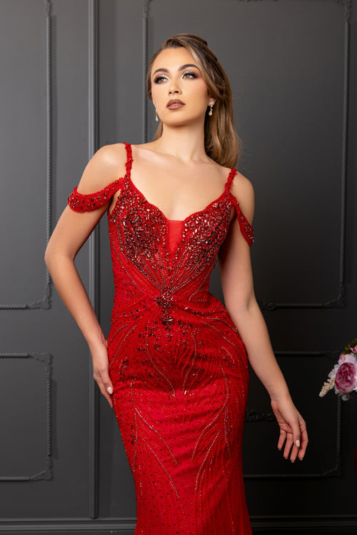 Off-Shoulder Beaded Mermaid Evening Gown with V-Neckline & Sweep Train by Royal Queen RQ8259