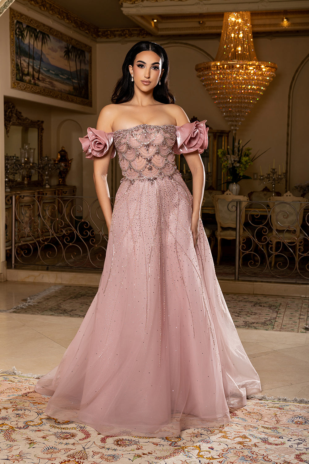 Off-Shoulder Satin Scalloped Beaded Corset Glitter Tulle A-Line Prom Dress by Royal Queen RQ8260