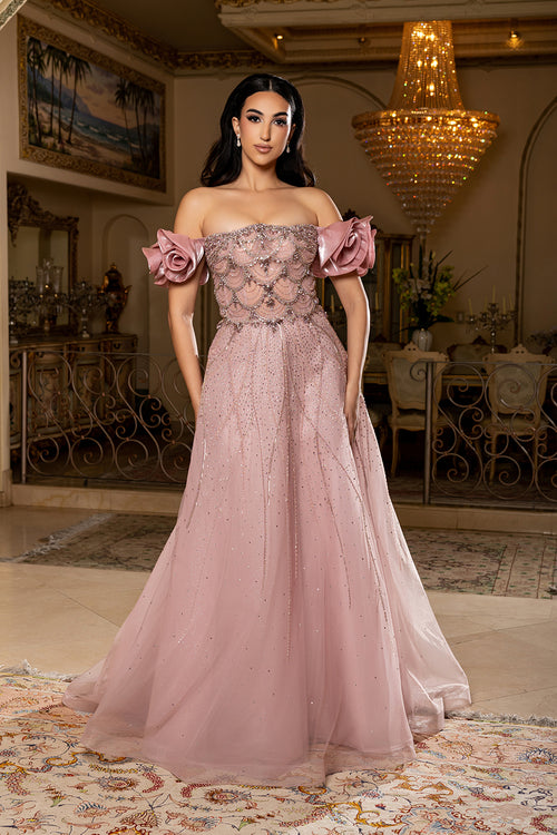 Off-Shoulder Satin Scalloped Beaded Corset Glitter Tulle A-Line Prom Dress by Royal Queen RQ8260