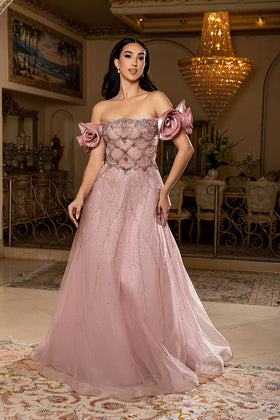Off-Shoulder Satin Scalloped Beaded Corset Glitter Tulle A-Line Prom Dress by Royal Queen RQ8260