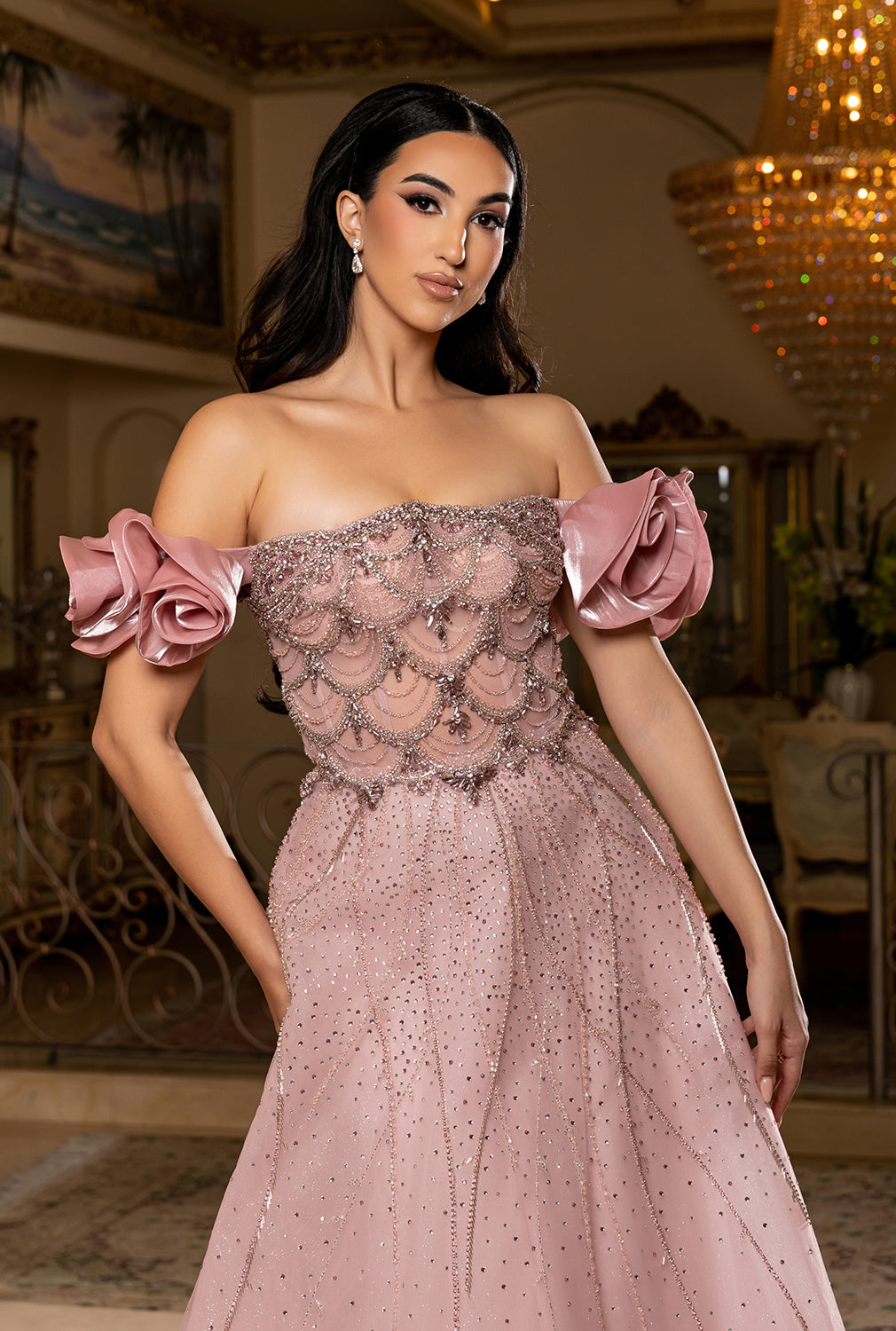 Off-Shoulder Satin Scalloped Beaded Corset Glitter Tulle A-Line Prom Dress by Royal Queen RQ8260