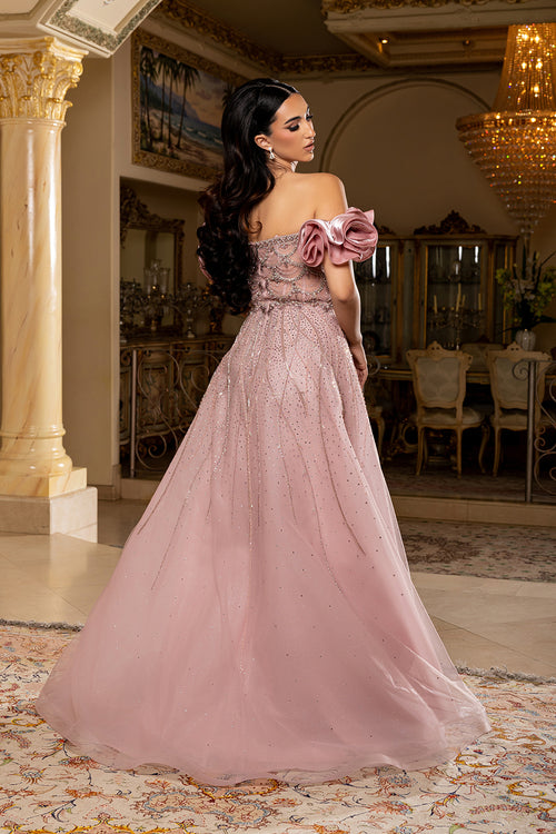 Off-Shoulder Satin Scalloped Beaded Corset Glitter Tulle A-Line Prom Dress by Royal Queen RQ8260