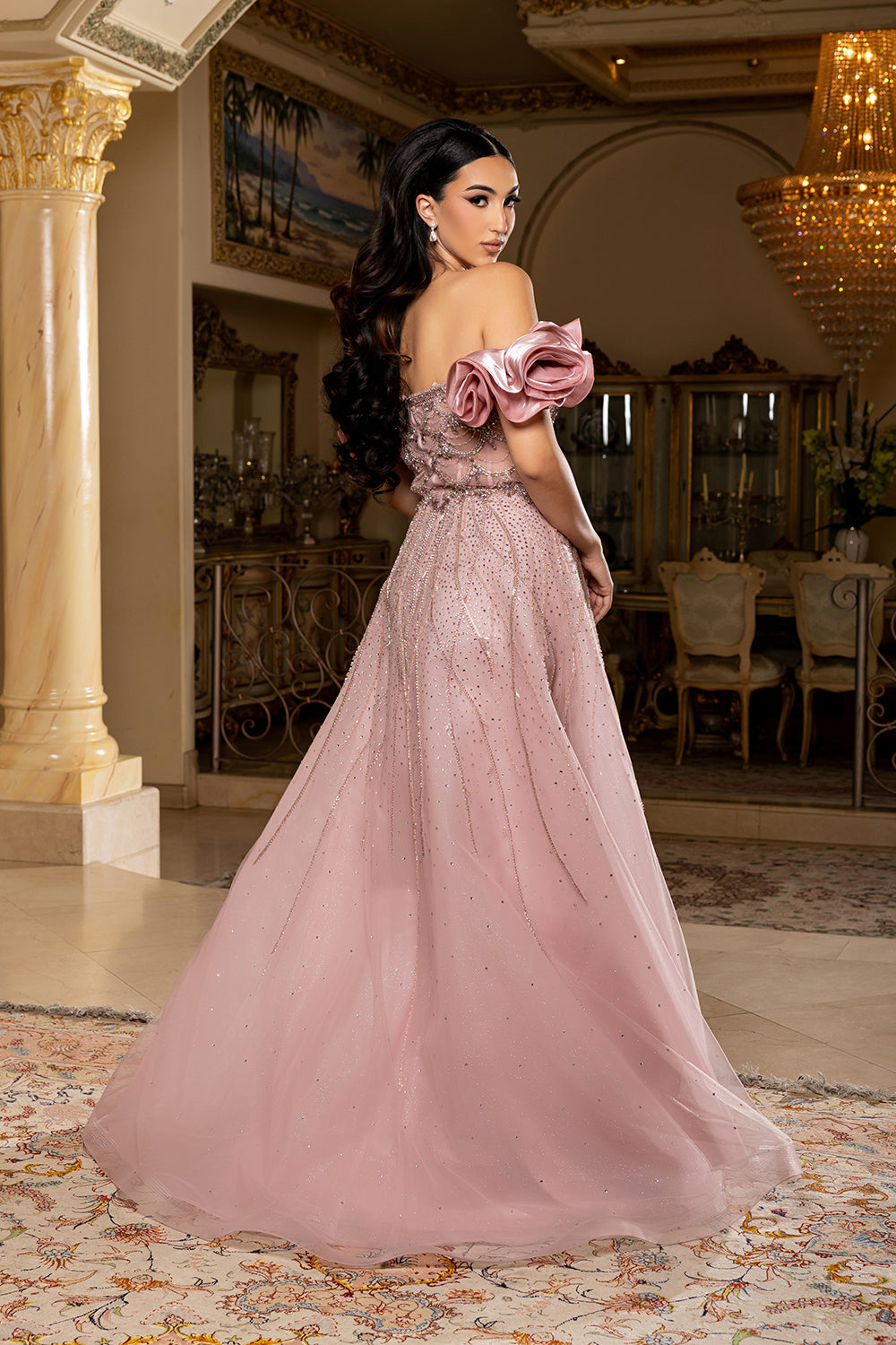 Off-Shoulder Satin Scalloped Beaded Corset Glitter Tulle A-Line Prom Dress by Royal Queen RQ8260