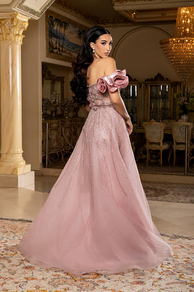 Off-Shoulder Satin Scalloped Beaded Corset Glitter Tulle A-Line Prom Dress by Royal Queen RQ8260