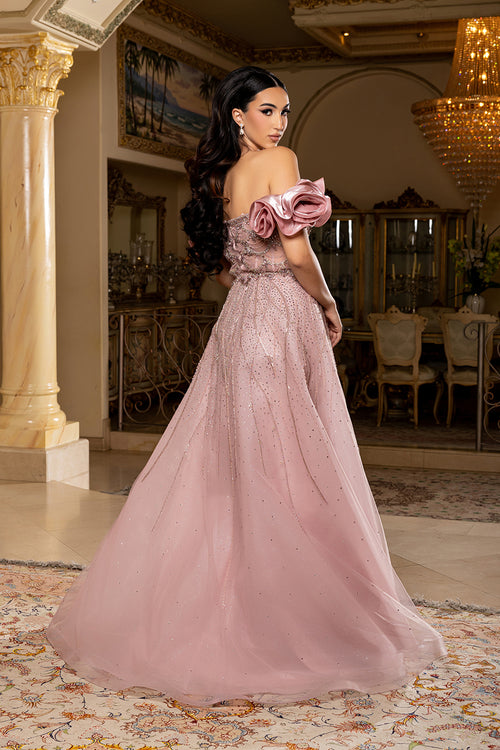 Off-Shoulder Satin Scalloped Beaded Corset Glitter Tulle A-Line Prom Dress by Royal Queen RQ8260