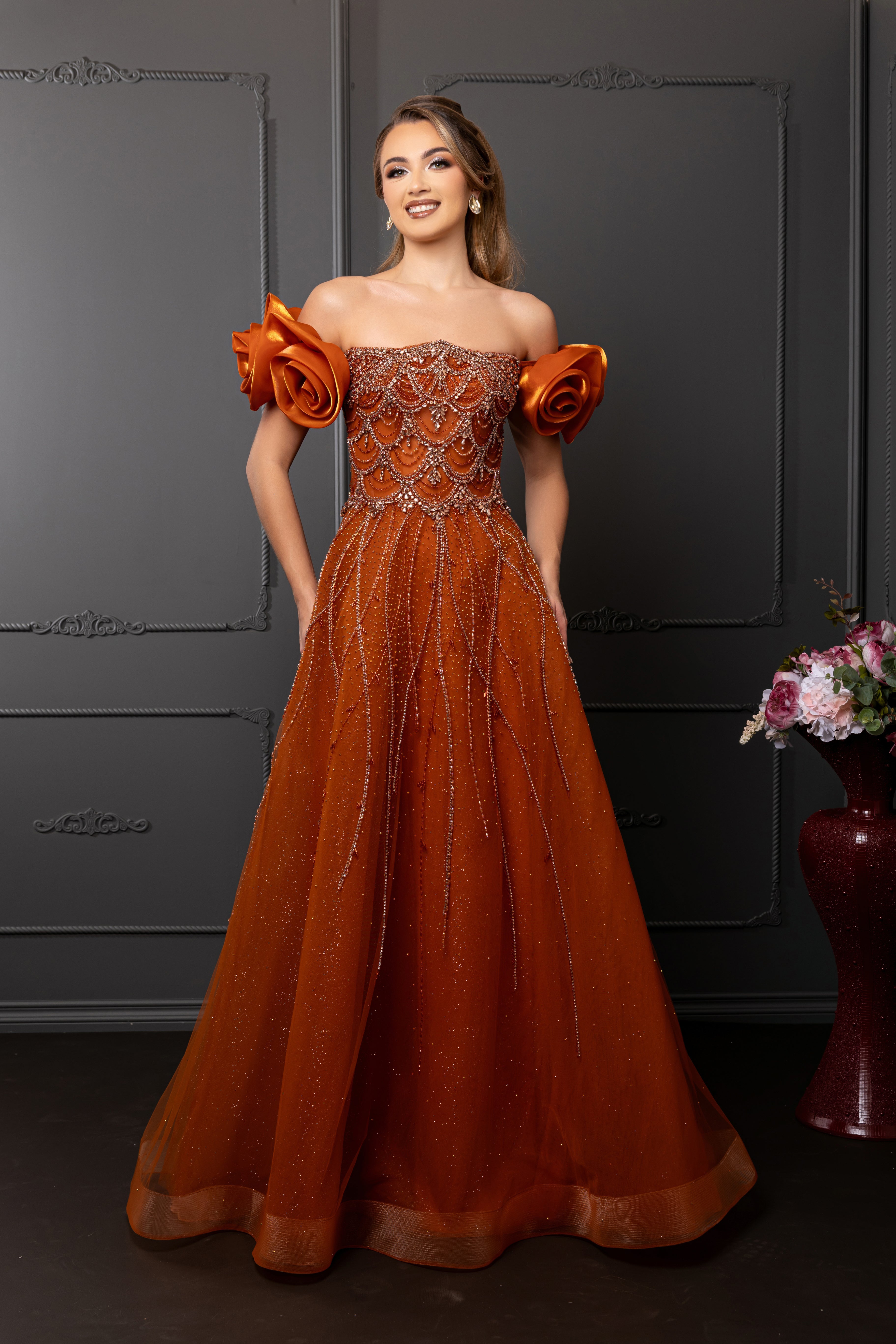 Off-Shoulder Satin Scalloped Beaded Corset Glitter Tulle A-Line Prom Dress by Royal Queen RQ8260