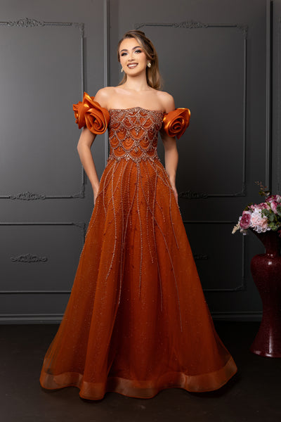 Off-Shoulder Satin Scalloped Beaded Corset Glitter Tulle A-Line Prom Dress by Royal Queen RQ8260