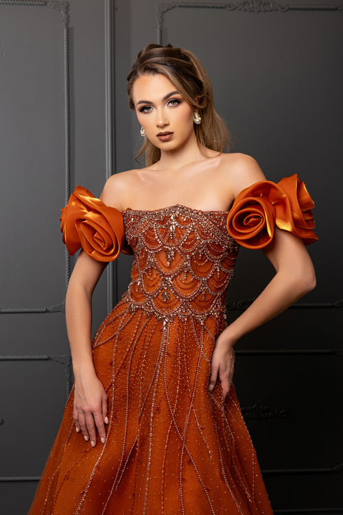 Off-Shoulder Satin Scalloped Beaded Corset Glitter Tulle A-Line Prom Dress by Royal Queen RQ8260