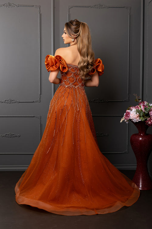 Off-Shoulder Satin Scalloped Beaded Corset Glitter Tulle A-Line Prom Dress by Royal Queen RQ8260