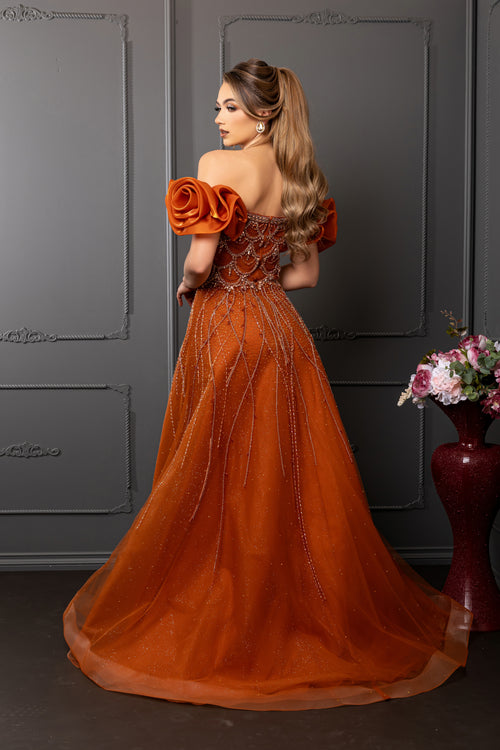 Off-Shoulder Satin Scalloped Beaded Corset Glitter Tulle A-Line Prom Dress by Royal Queen RQ8260