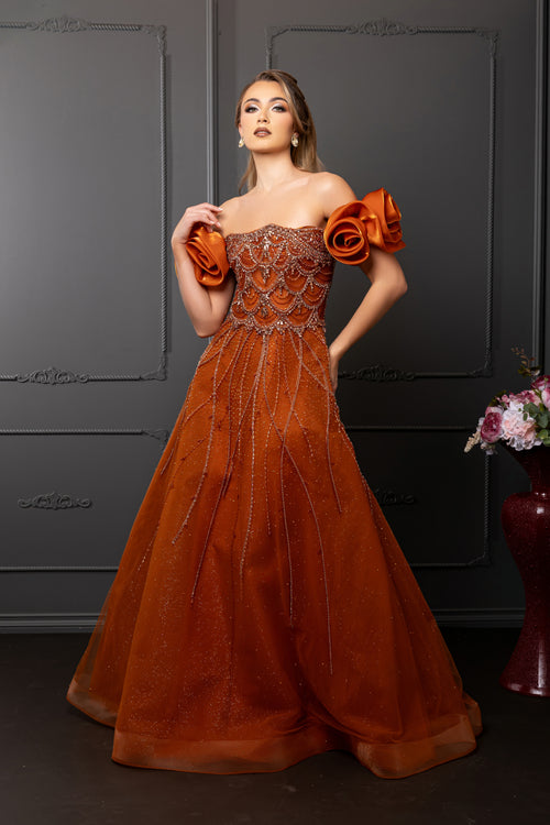 Off-Shoulder Satin Scalloped Beaded Corset Glitter Tulle A-Line Prom Dress by Royal Queen RQ8260