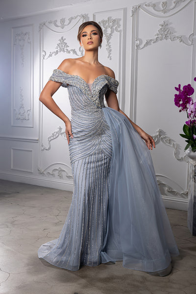 Off-Shoulder V-Neck Heavy Beaded Sheath Gown with Glitter Tulle by Royal Queen RQ8261