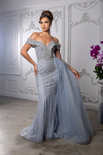 Off-Shoulder V-Neck Heavy Beaded Sheath Gown with Glitter Tulle by Royal Queen RQ8261