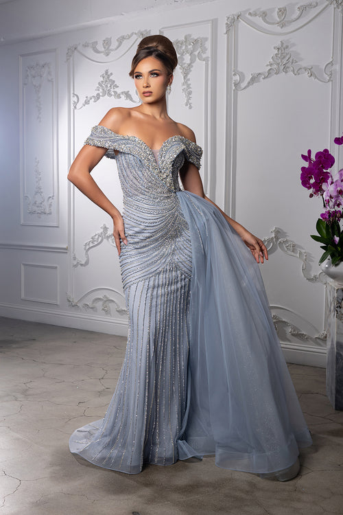 Off-Shoulder V-Neck Heavy Beaded Sheath Gown with Glitter Tulle by Royal Queen RQ8261