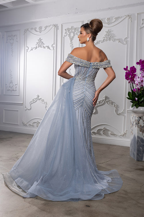 Off-Shoulder V-Neck Heavy Beaded Sheath Gown with Glitter Tulle by Royal Queen RQ8261