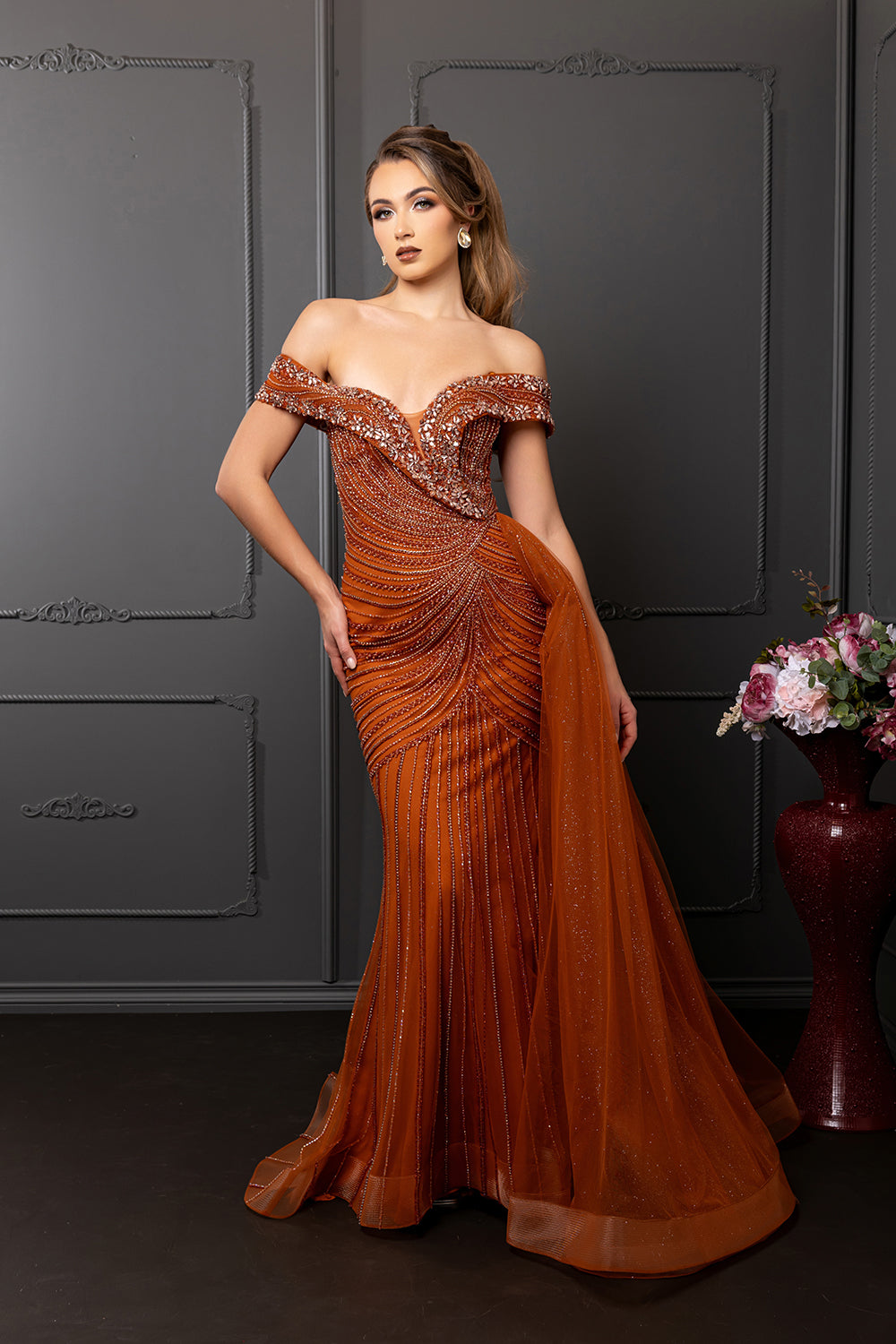 heavily beaded dress Off-Shoulder V-Neck by Royal Queen RQ8261 Men's clothing US SIZE:4 Damas Collection 52302 Chique # Elegant Cream Heavy