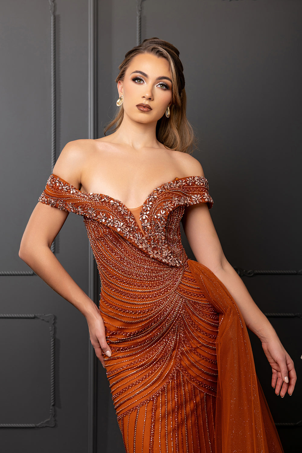 Off-Shoulder V-Neck Heavy Beaded Sheath Gown with Glitter Tulle by Royal Queen RQ8261