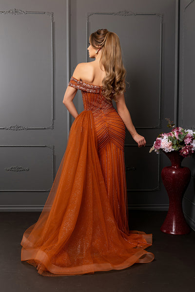 Off-Shoulder V-Neck Heavy Beaded Sheath Gown with Glitter Tulle by Royal Queen RQ8261