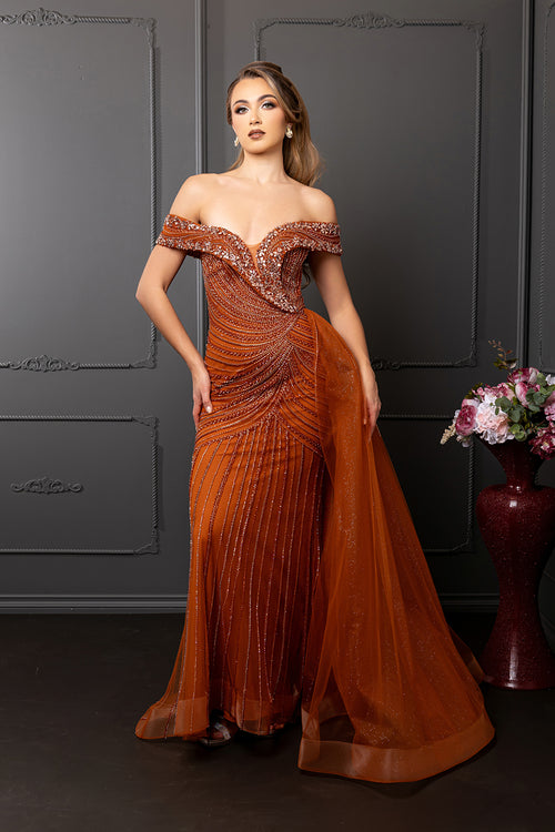 Off-Shoulder V-Neck Heavy Beaded Sheath Gown with Glitter Tulle by Royal Queen RQ8261