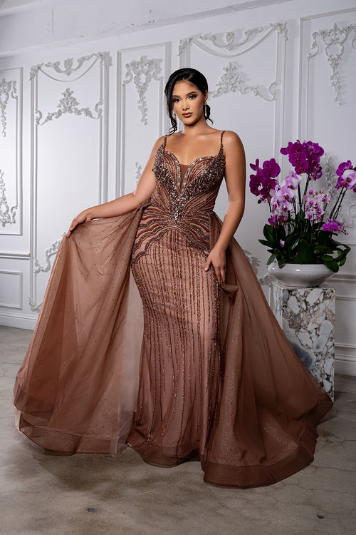 Sleeveless Plunging V-Neck Sheath Evening Gown with Dramatic Tulle Overskirt by Royal Queen RQ8262