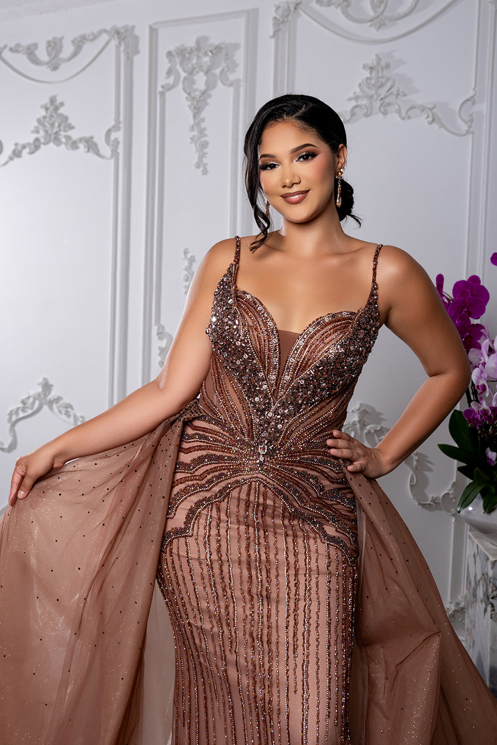 Sleeveless Plunging V-Neck Sheath Evening Gown with Dramatic Tulle Overskirt by Royal Queen RQ8262