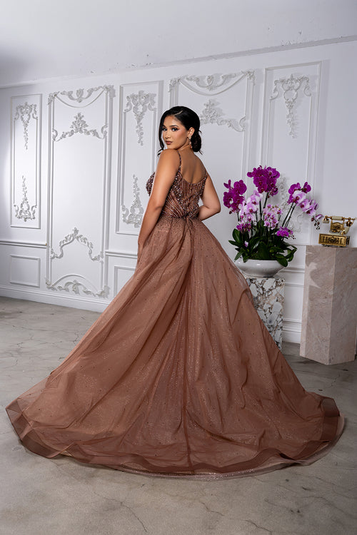 Sleeveless Plunging V-Neck Sheath Evening Gown with Dramatic Tulle Overskirt by Royal Queen RQ8262