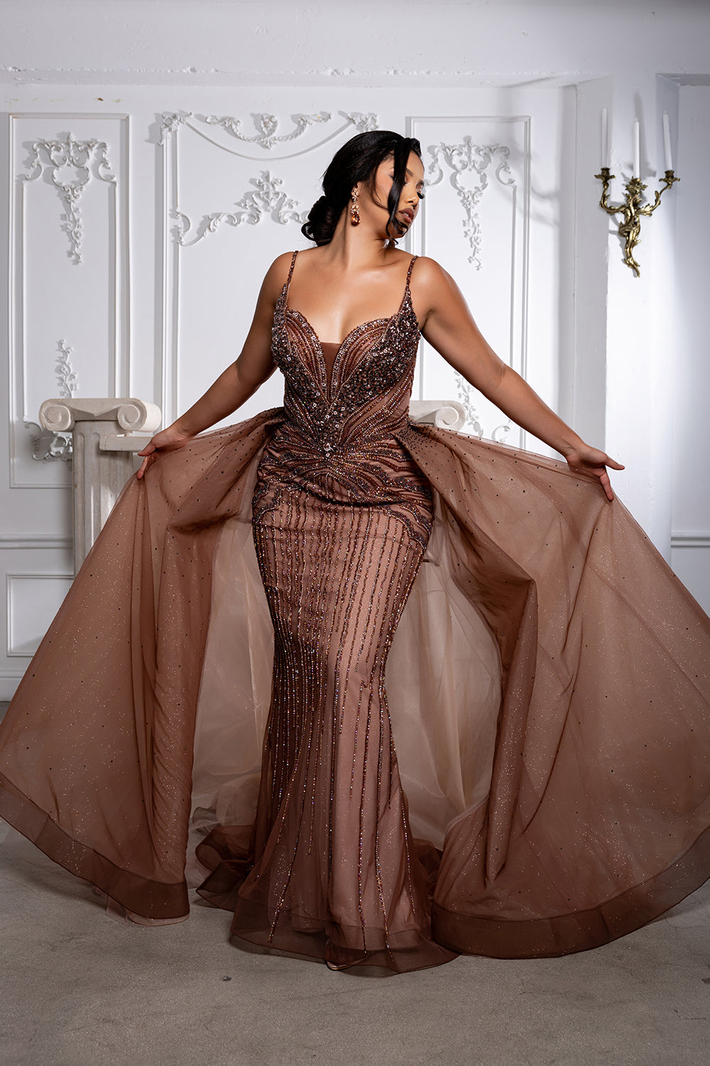 Sleeveless Plunging V-Neck Sheath Evening Gown with Dramatic Tulle Overskirt by Royal Queen RQ8262