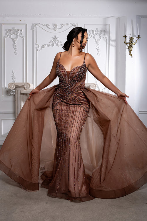 Sleeveless Plunging V-Neck Sheath Evening Gown with Dramatic Tulle Overskirt by Royal Queen RQ8262