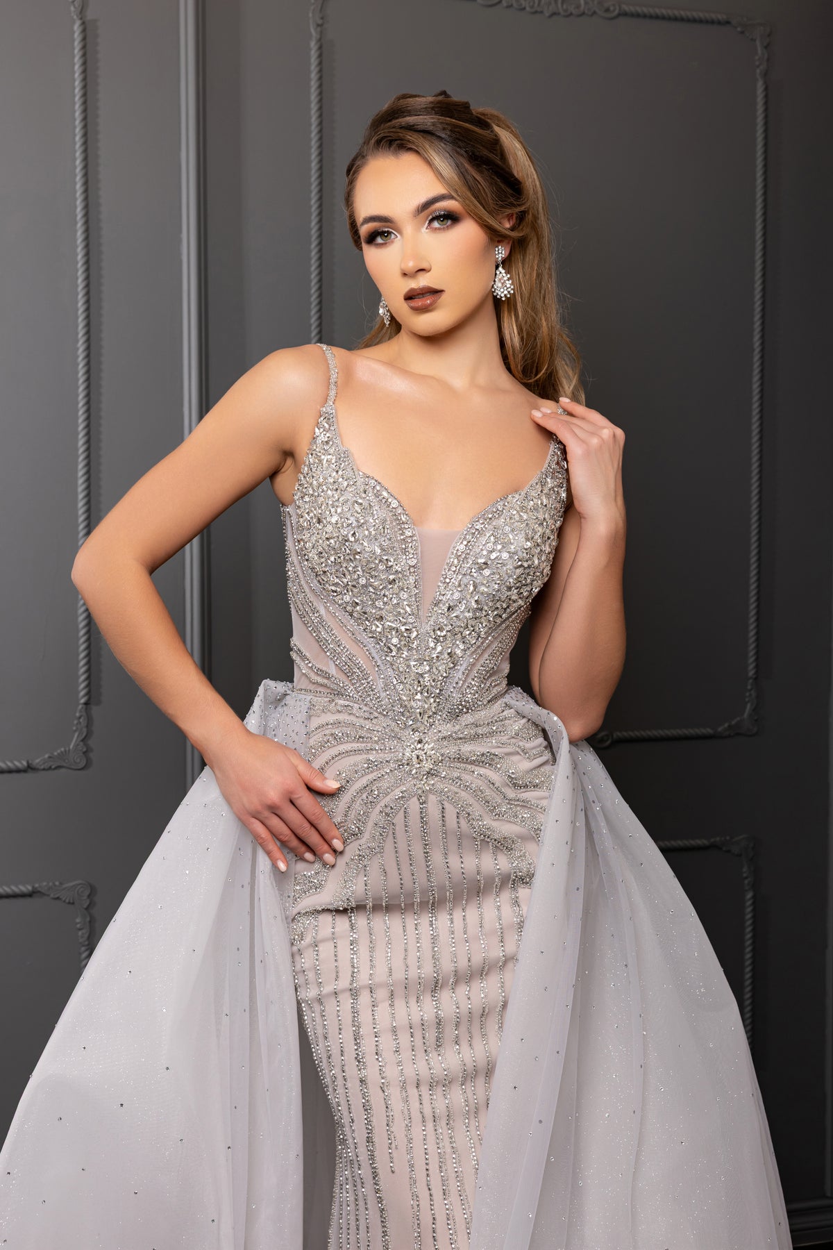 Sleeveless Plunging V-Neck Sheath Evening Gown with Dramatic Tulle Overskirt by Royal Queen RQ8262