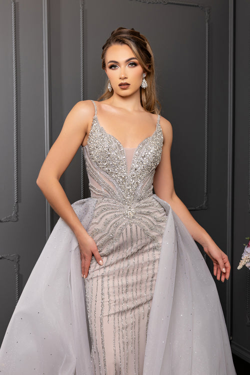Sleeveless Plunging V-Neck Sheath Evening Gown with Dramatic Tulle Overskirt by Royal Queen RQ8262