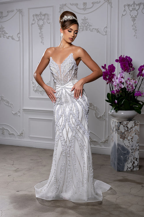 White Strapless Sweetheart Wedding Dress with Illusion Corset Back & Train by Royal Queen RQ8266