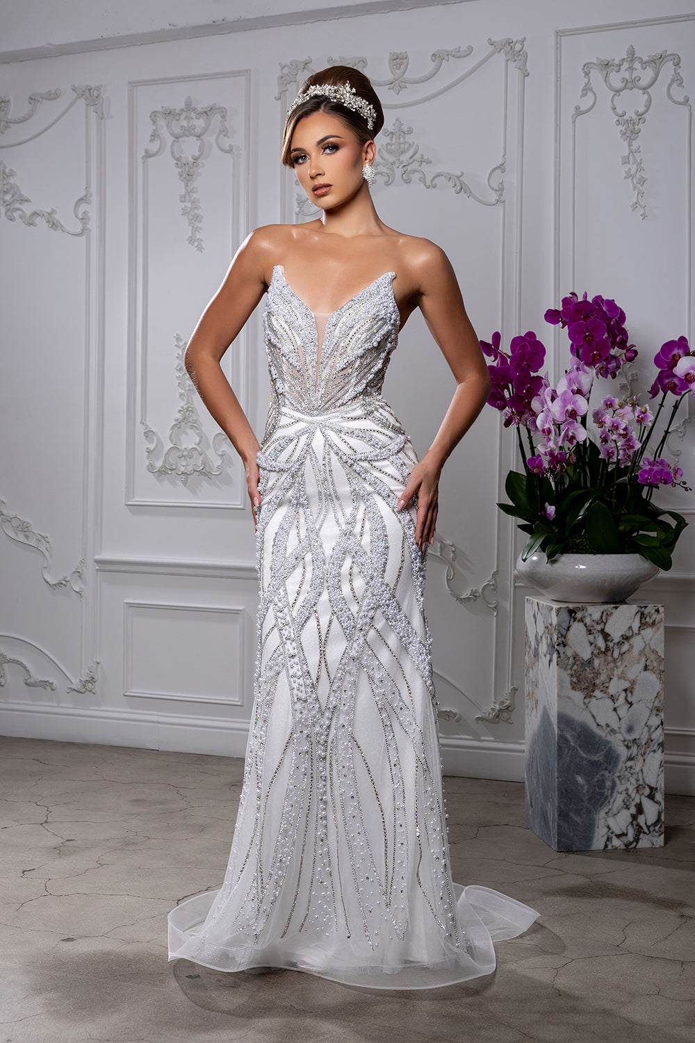 White Strapless Sweetheart Wedding Dress with Illusion Corset Back & Train by Royal Queen RQ8266