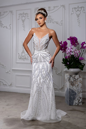 White Strapless Sweetheart Wedding Dress with Illusion Corset Back & Train by Royal Queen RQ8266