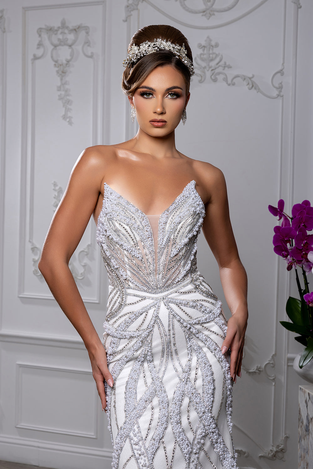 White Strapless Sweetheart Wedding Dress with Illusion Corset Back & Train by Royal Queen RQ8266
